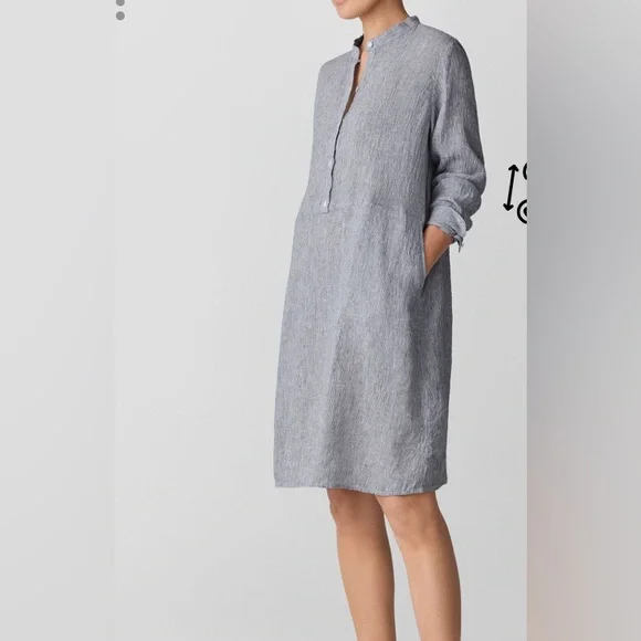 Eileen Fisher | Dresses | 248 Eileen Fisher Puckered Organic Linen Stripe  Band Collar Shirtdress Pp Xxs | Poshmark